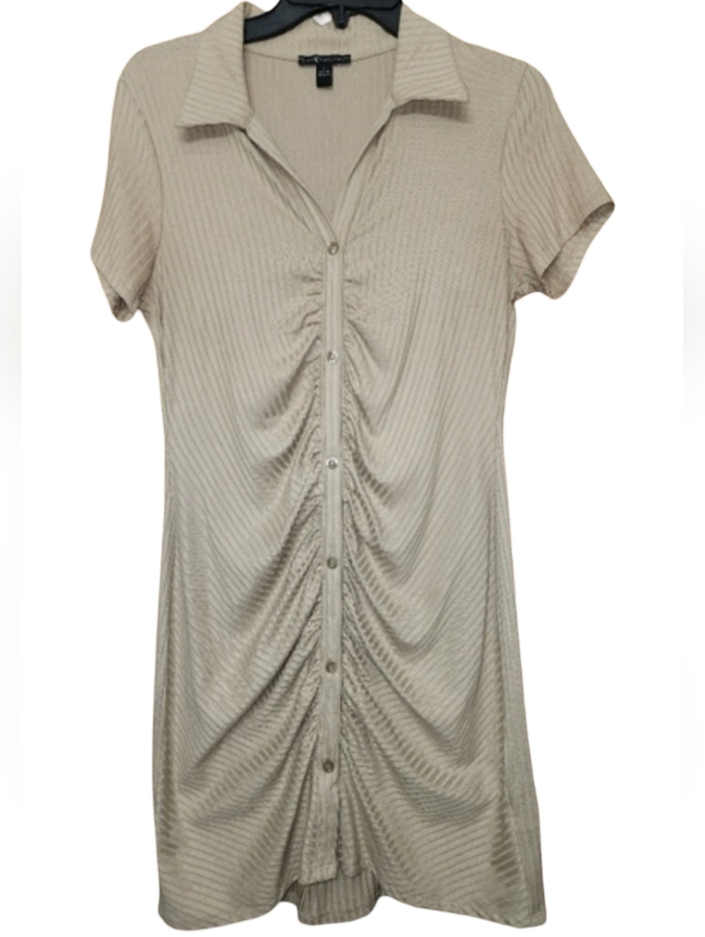 MM MM MM Y2K Ruched Bodycon Button-Down Dress In Cream W/ Short Sleeves Sz L EUC